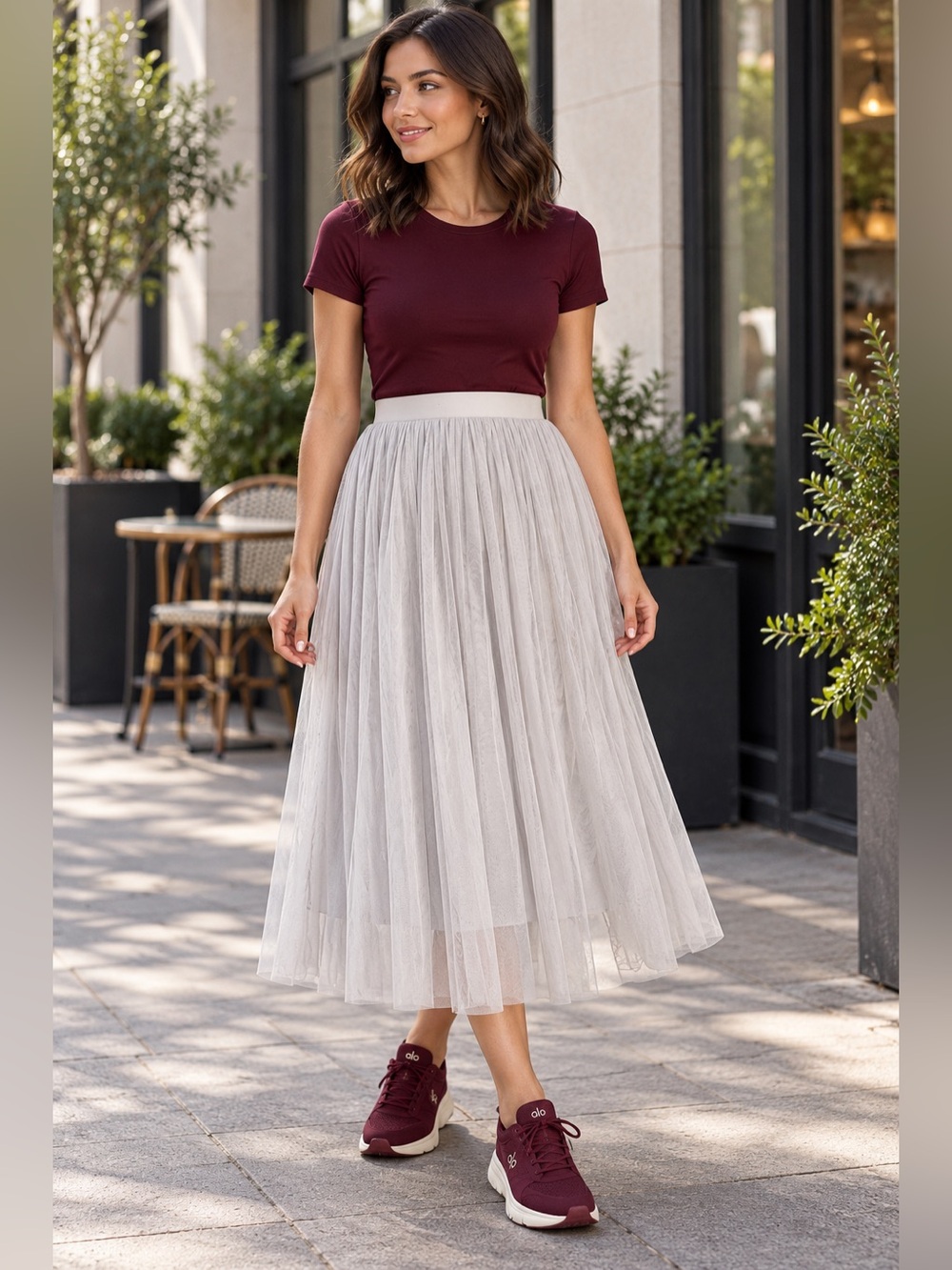 Women's Tulle Midi Skirt in Light Gray